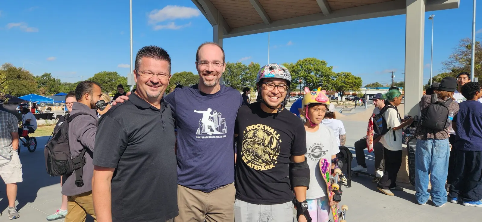 Garland Mayor Scott LeMay with Clinton Haley, leader of Skateparks for Dallas.org & Paul Field