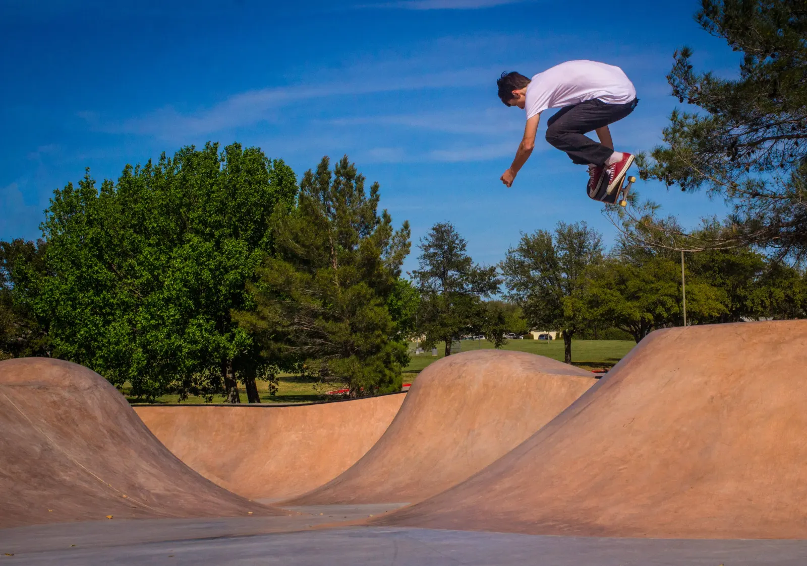 Arlington's Vandergriff , with its winding, open ended 'snake run' surrounded by mature trees and natural park land cuts a stunning figure with a skater in flight, and this unique feature regularly features on locals favorite list.