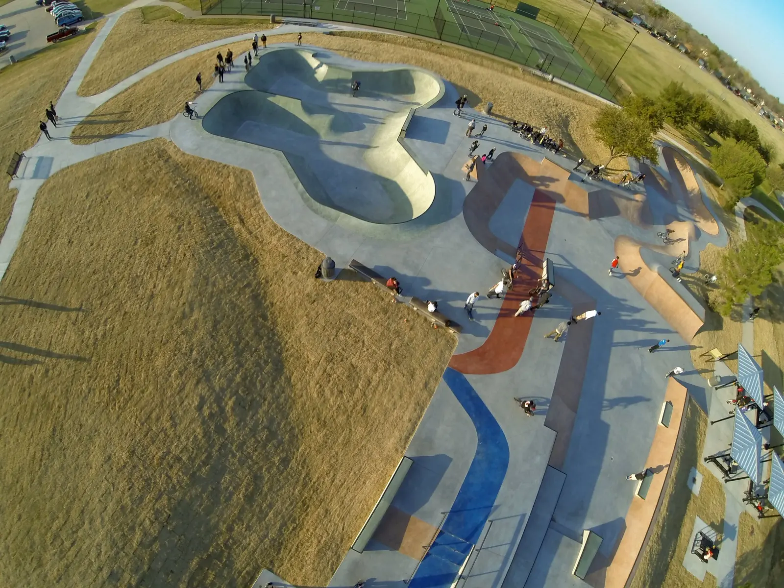 Arlington's Vandergriff Skatepark, photo by drone. This park is the largest and most centrally located of the multiple parks included in Arlington's 10 Year Skatepark Master Plan. This park is a regional magnet drawing skaters from around the metrop…