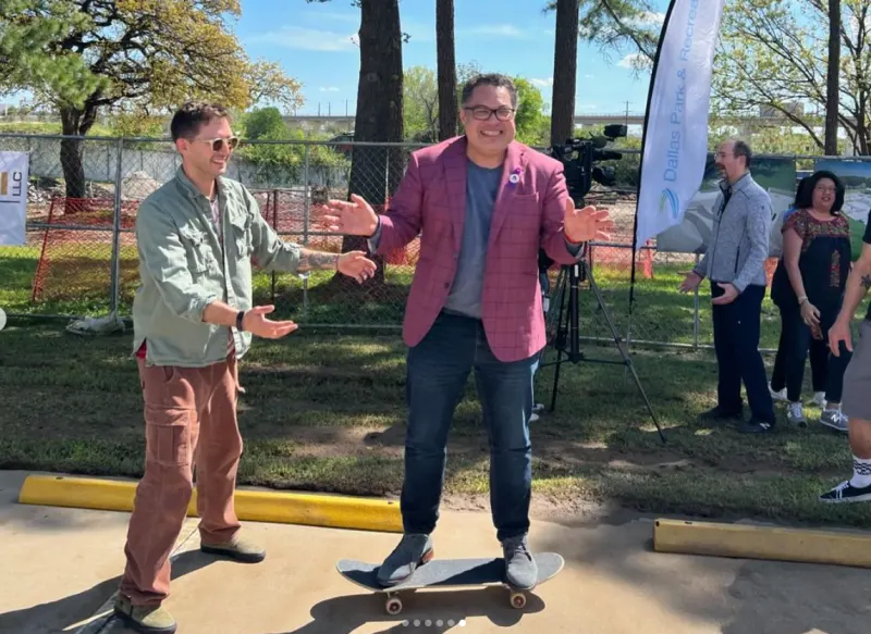 Bachman Lake Skatepark Ground Breaking CM Narvez on a Skateboard.png