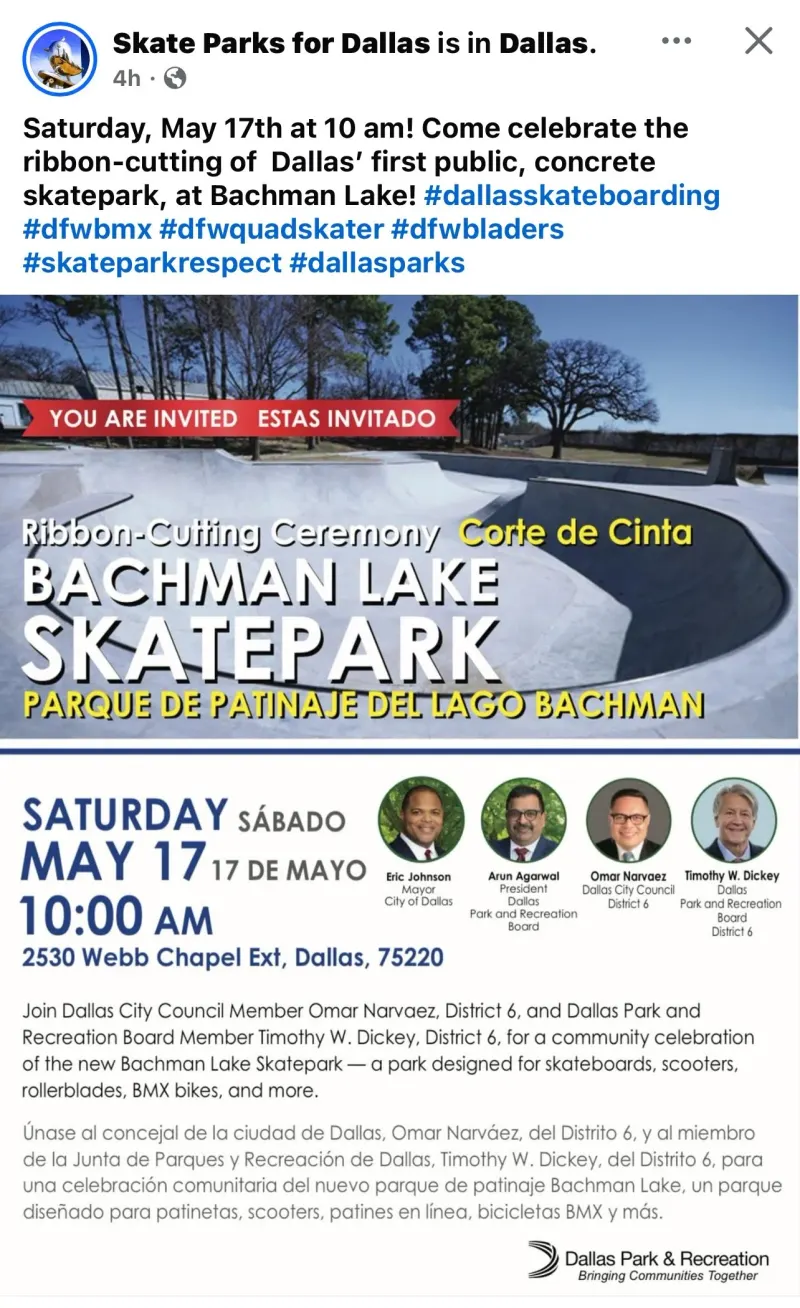 Announcement for the Bachman Lake Skatepark grand opening, Saturday May 17 at 10:00am, 2512 Webb Chapel Ext