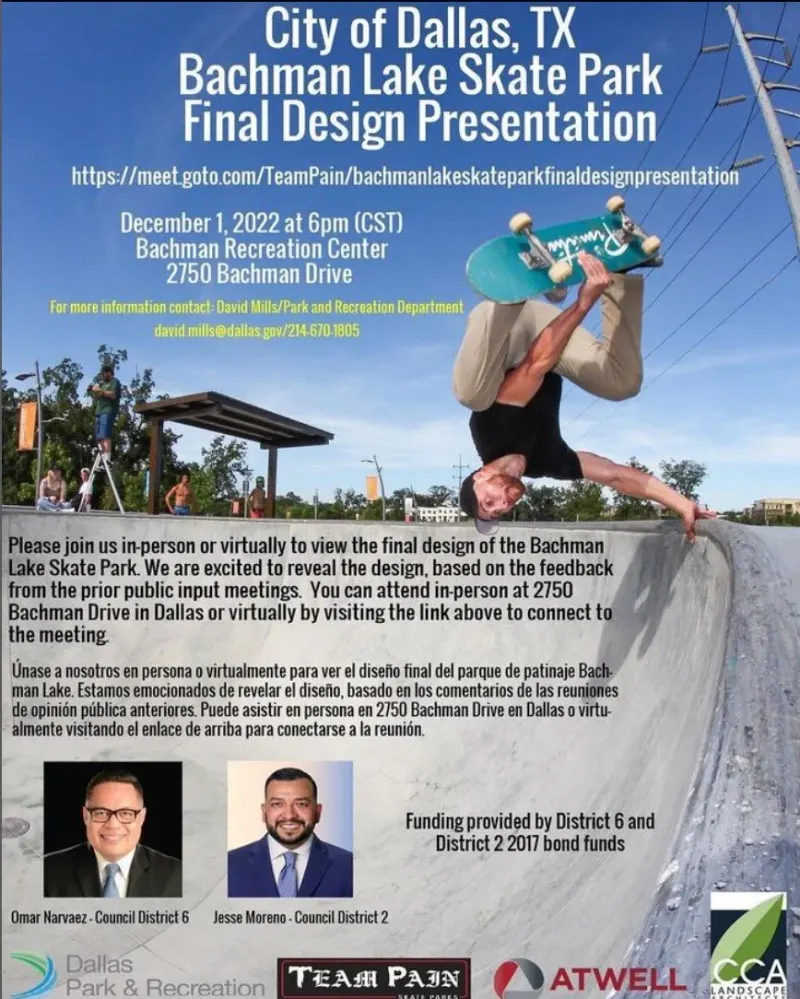 Flyer for the City of Dallas Bachman Lake Skate Park final design presentation on December 1, 2022