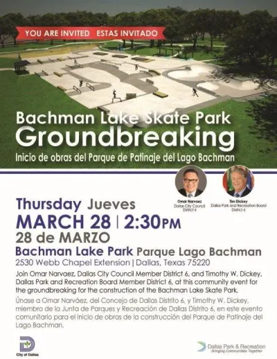 Bilingual invitation to the Bachman Lake Skate Park groundbreaking, Thursday March 28 at 2:30pm