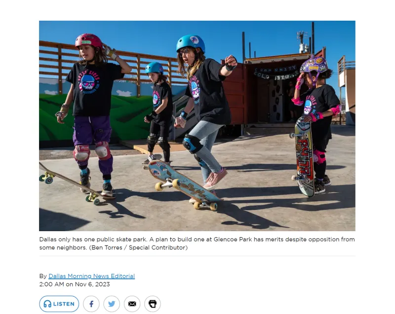 Skaters holding their boards in front of a mural, from Dallas Morning News coverage of the Glencoe Park proposal