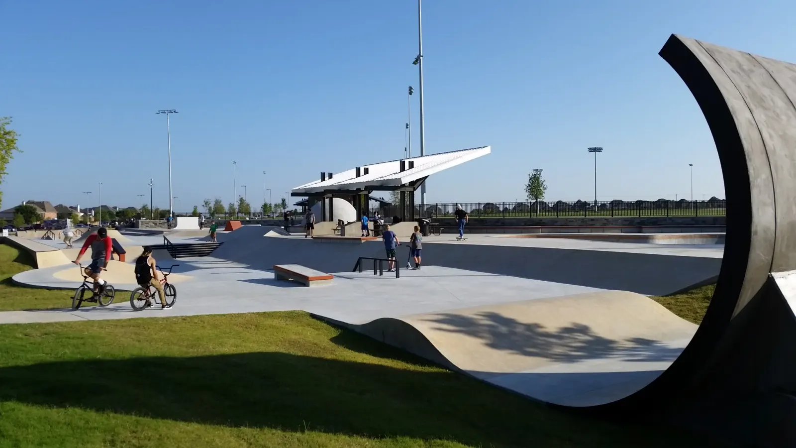 Frisco's 14 foot over-vertical 'concrete wave'. The park provides facilities for skateboard, BMX and scooters