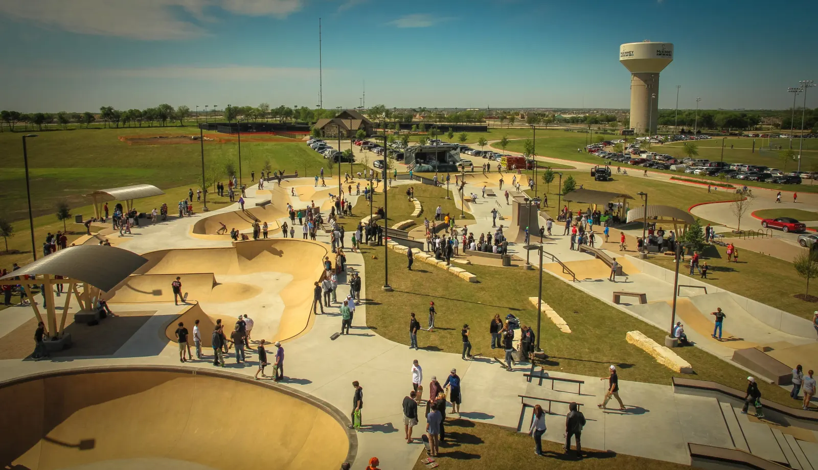 McKinney Skatepark overview shows the incorporation of safe spectator zones, shade elements and terrain features for various interests and skill levels included in a single facility.