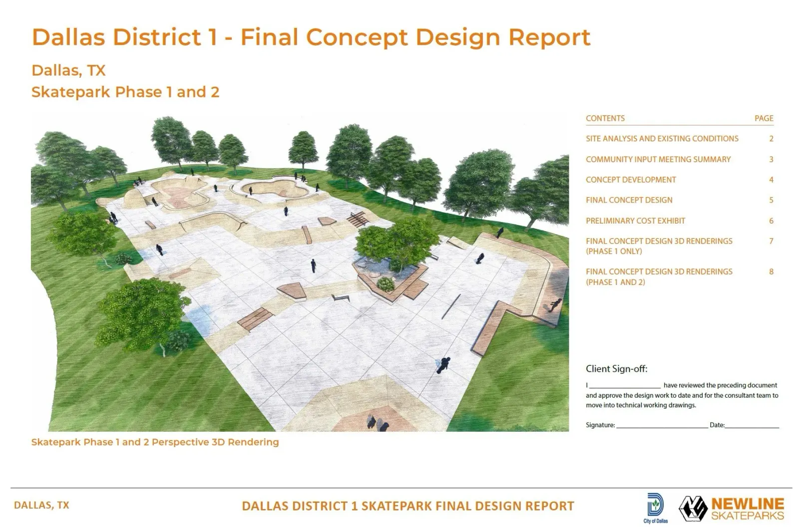 Cover of the Dallas District 1 final concept design report for the Oak Cliff skatepark, showing an aerial rendering of the park