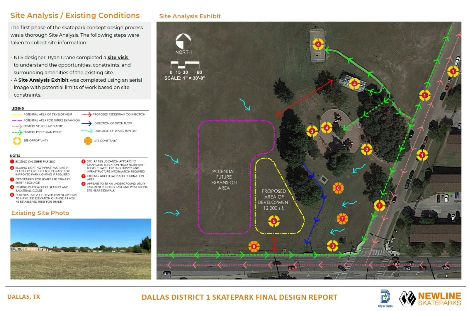 Site analysis page from the Oak Cliff design report, with an annotated aerial photograph of Westmoreland Park