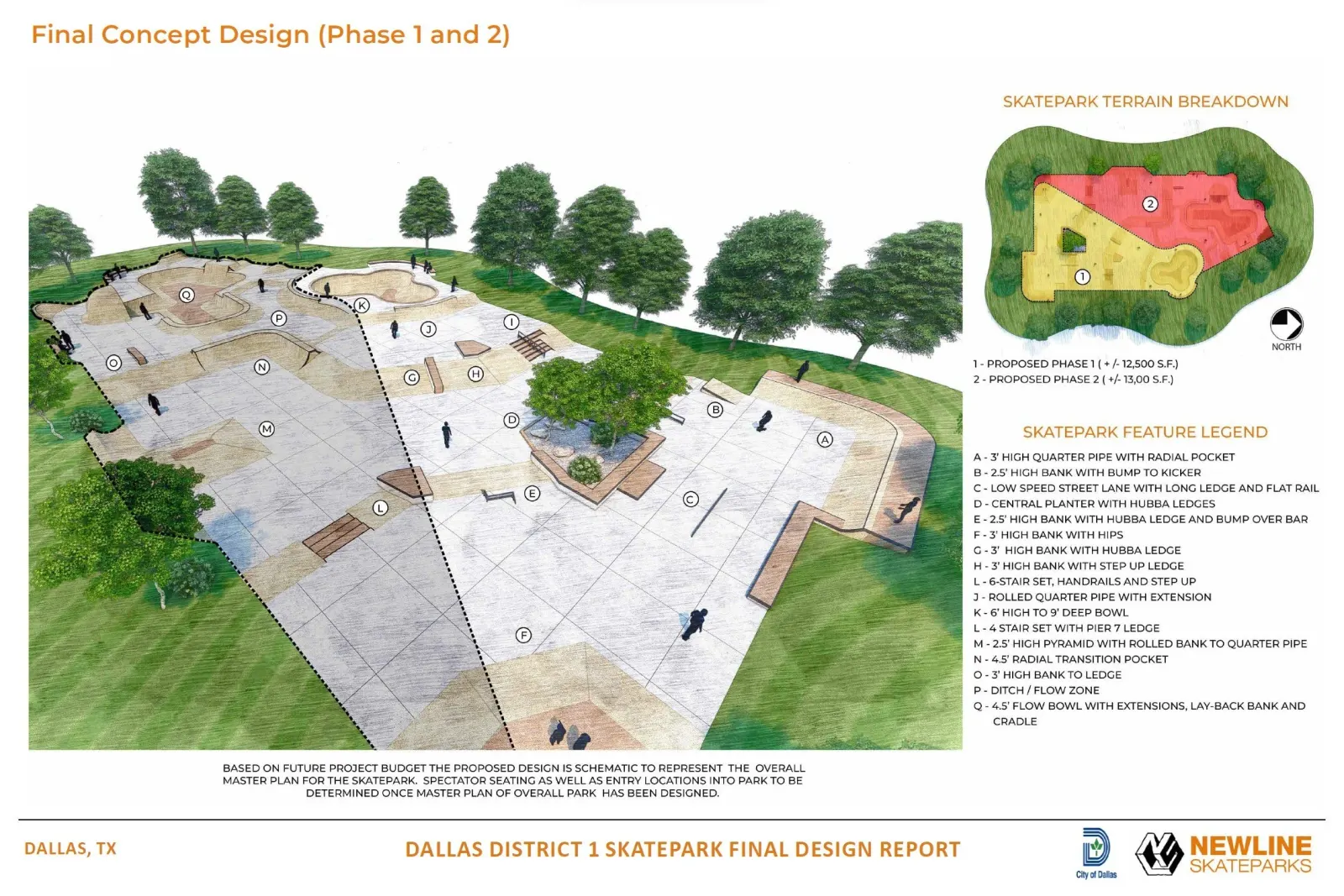 Final concept design plan for the Oak Cliff skatepark, covering phases 1 and 2