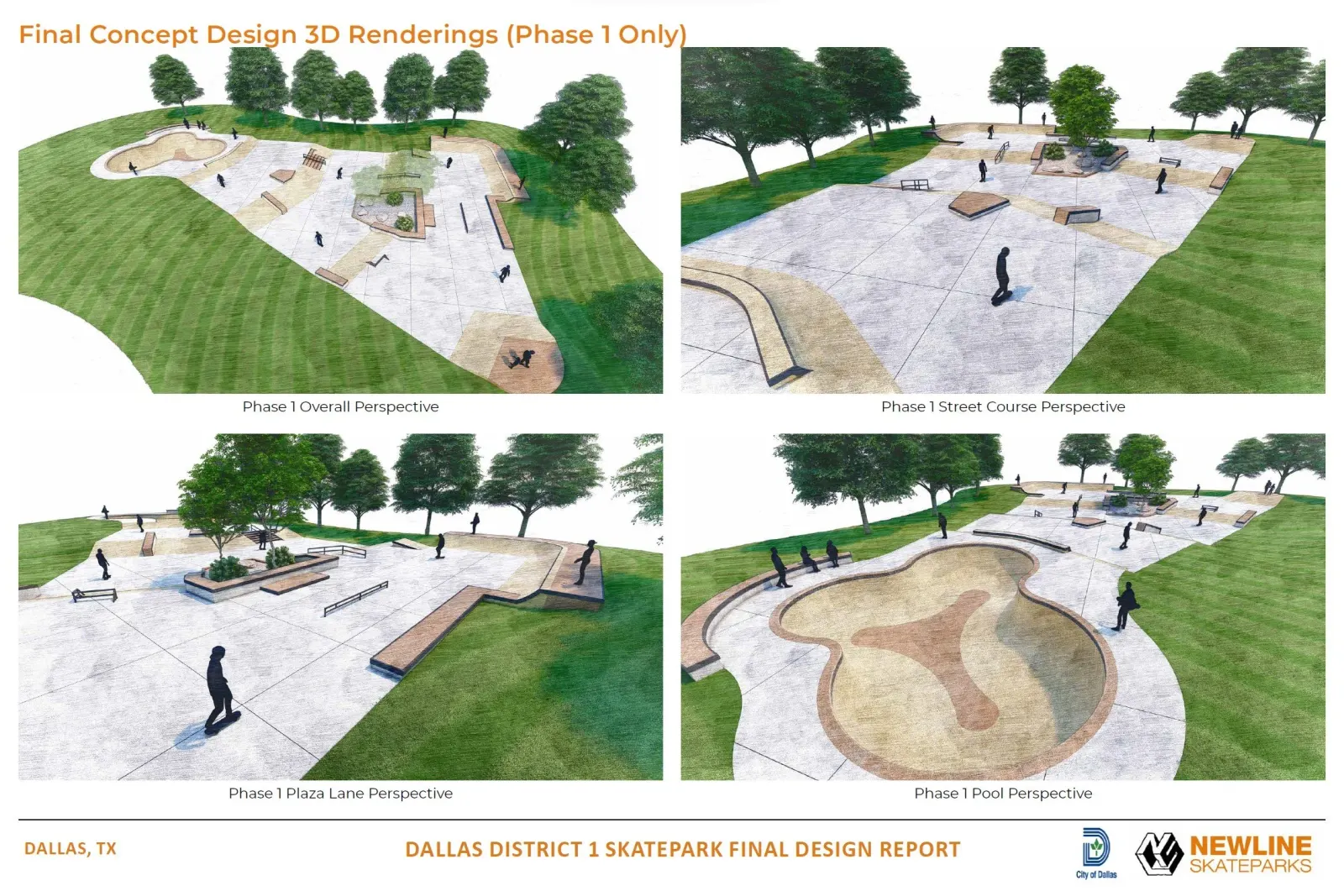 Four 3D renderings of the Oak Cliff skatepark as built in phase 1