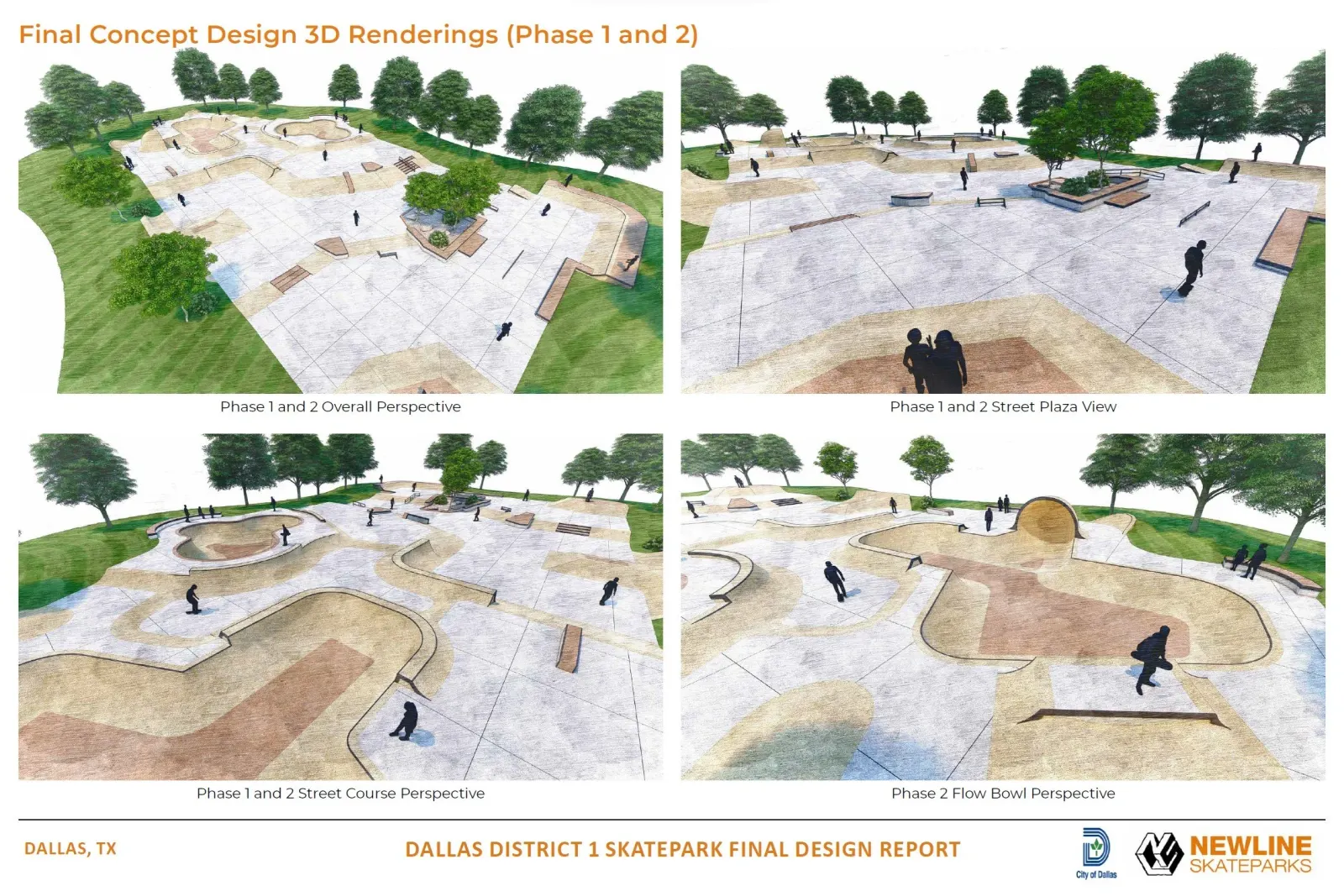 Four 3D renderings of the Oak Cliff skatepark with phases 1 and 2 complete