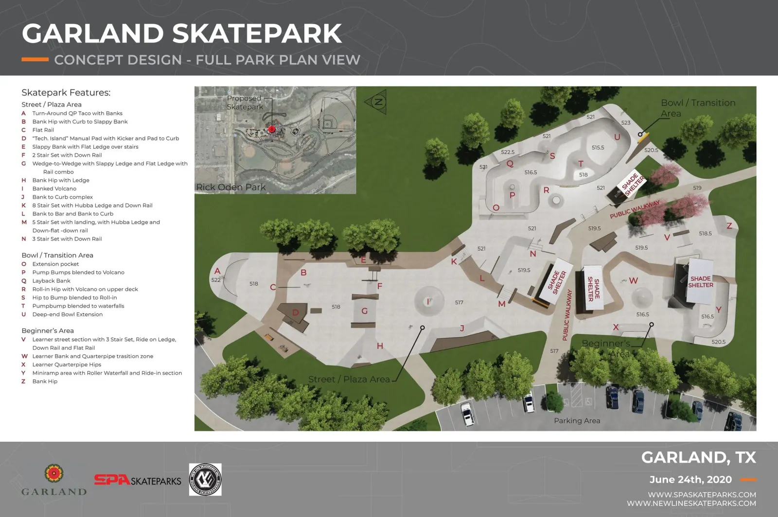 Full park plan view of the Garland Skatepark concept design at Rick Oden Park