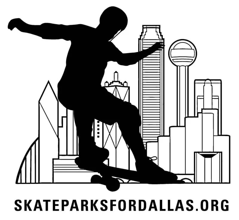 Skateparks for Dallas logo: a skateboarder silhouette over a line drawing of the Dallas skyline