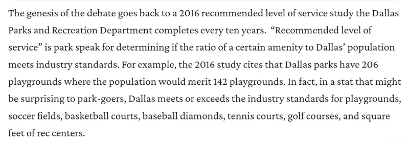 Oak Cliff Advocate article discussing the Dallas Park and Recreation Department's recommended level of service study