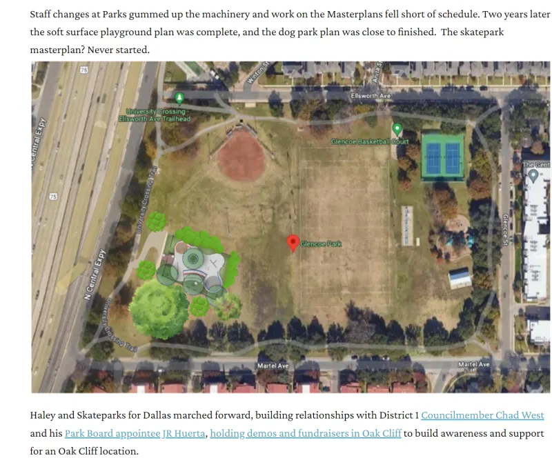 Aerial photograph of Westmoreland Park with the proposed skatepark location marked