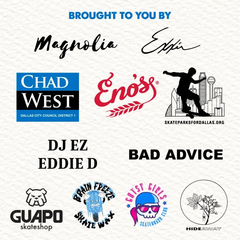 Sponsor logos for the Oak Cliff skate demo, including Magnolia, Chad West, Eno's and Guapo