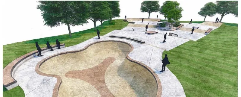 Concept rendering of the skatepark bowl with seating along the edge