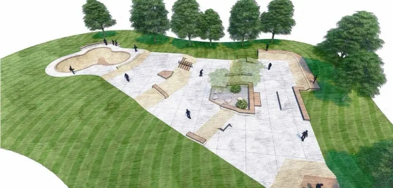 Aerial rendering of the planned Oak Cliff skatepark at Westmoreland Park