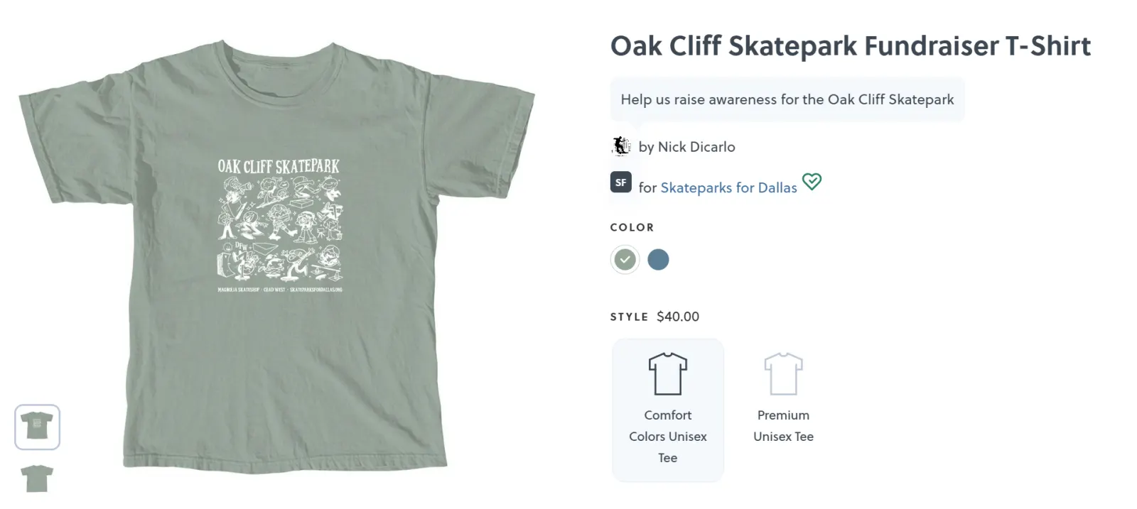 Oak Cliff Skatepark fundraiser T-shirt, original artwork by Daniel Dyemond